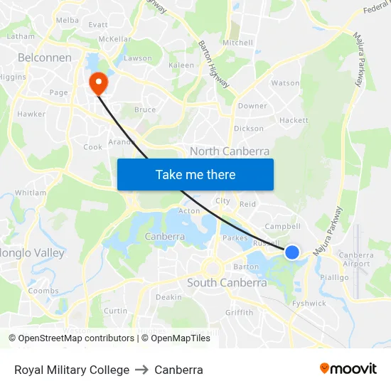Royal Military College to Canberra map