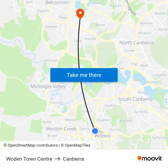 Woden Town Centre to Canberra map