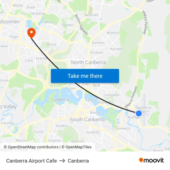 Canberra Airport Cafe to Canberra map