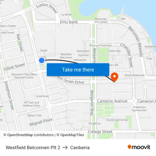 Westfield Belconnen Plt 2 to Canberra map