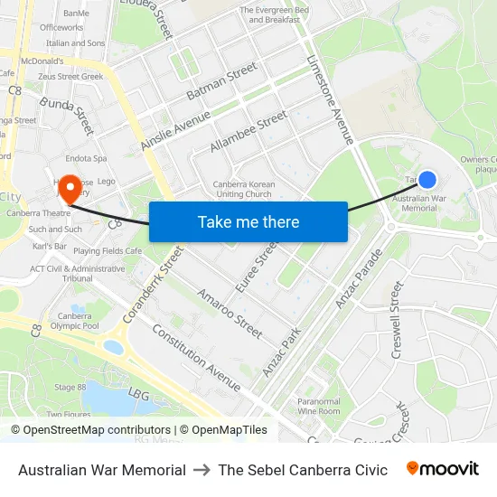 Australian War Memorial to The Sebel Canberra Civic map