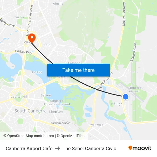 Canberra Airport Cafe to The Sebel Canberra Civic map