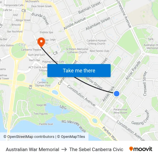 Australian War Memorial to The Sebel Canberra Civic map