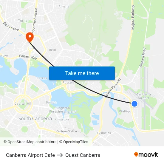 Canberra Airport Cafe to Quest Canberra map