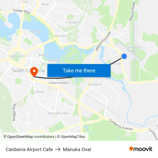 Canberra Airport Cafe to Manuka Oval map