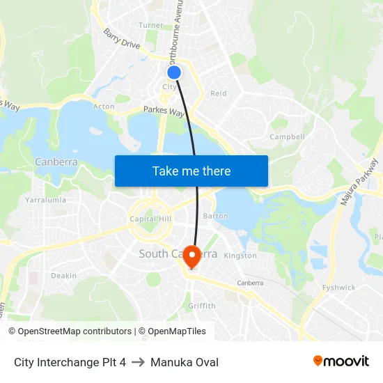 City Interchange Plt 4 to Manuka Oval map