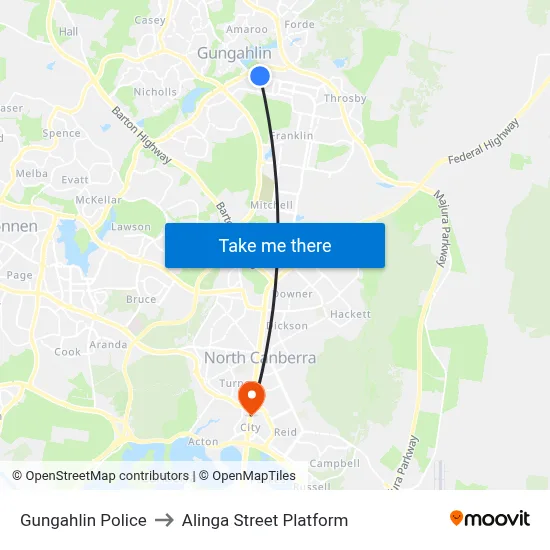 Gungahlin Police to Alinga Street Platform map