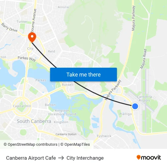 Canberra Airport Cafe to City Interchange map