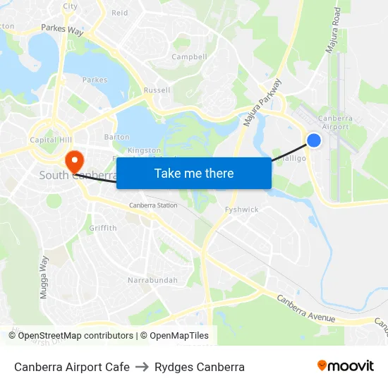 Canberra Airport Cafe to Rydges Canberra map