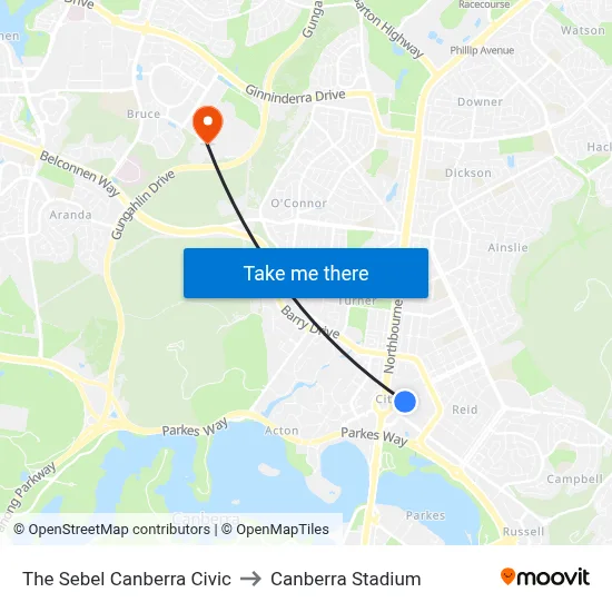 The Sebel Canberra Civic to Canberra Stadium map