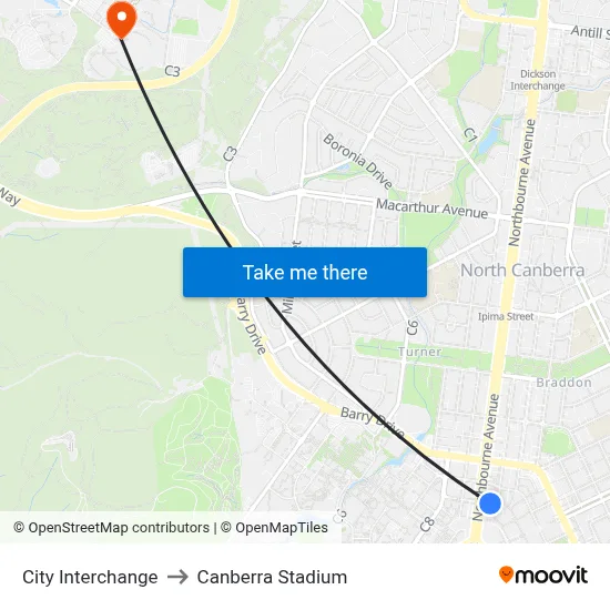 City Interchange to Canberra Stadium map
