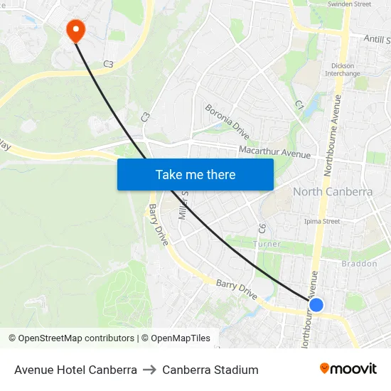 Avenue Hotel Canberra to Canberra Stadium map