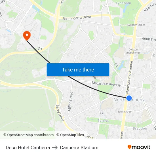 Deco Hotel Canberra to Canberra Stadium map