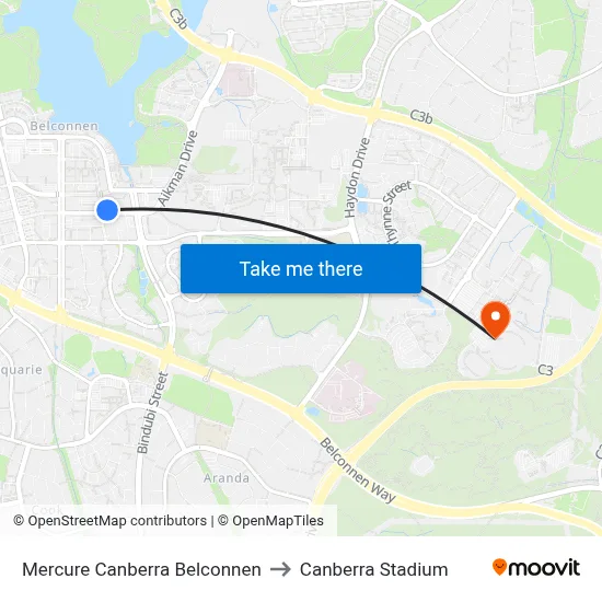 Mercure Canberra Belconnen to Canberra Stadium map