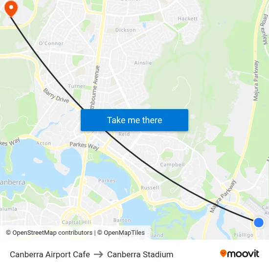 Canberra Airport Cafe to Canberra Stadium map