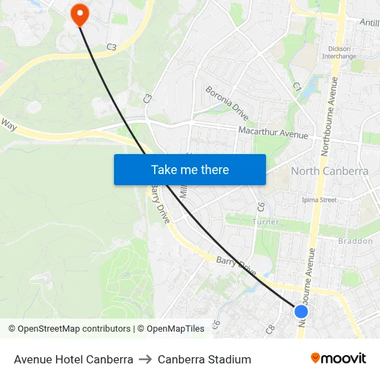 Avenue Hotel Canberra to Canberra Stadium map