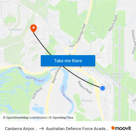 Canberra Airport Cafe to Australian Defence Force Academy (ADFA) map