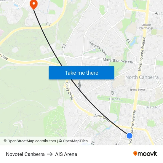 Novotel Canberra to AIS Arena map
