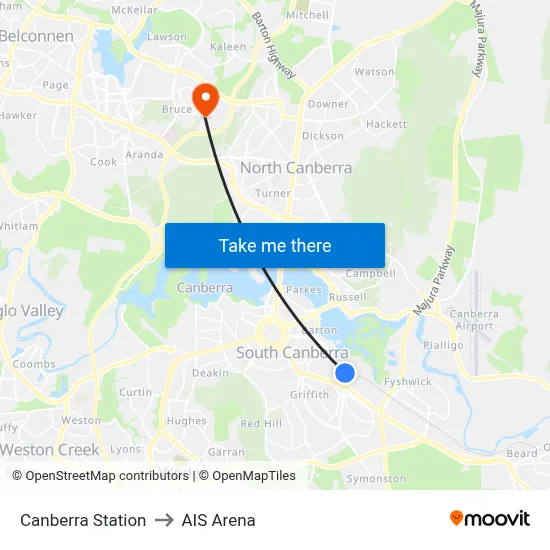 Canberra Station to AIS Arena map