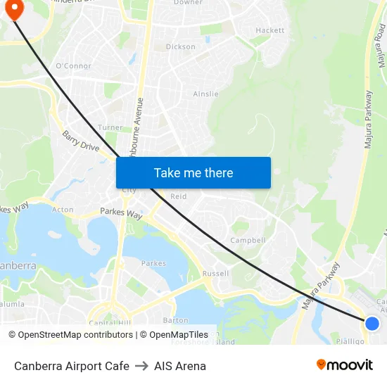 Canberra Airport Cafe to AIS Arena map