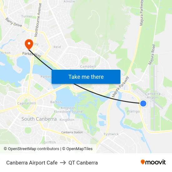 Canberra Airport Cafe to QT Canberra map