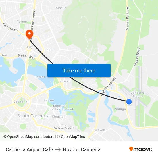Canberra Airport Cafe to Novotel Canberra map