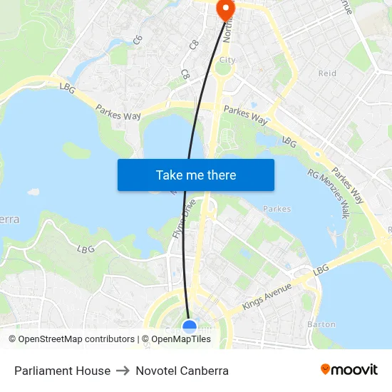 Parliament House to Novotel Canberra map