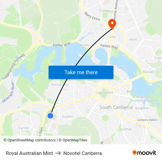Royal Australian Mint to Novotel Canberra map