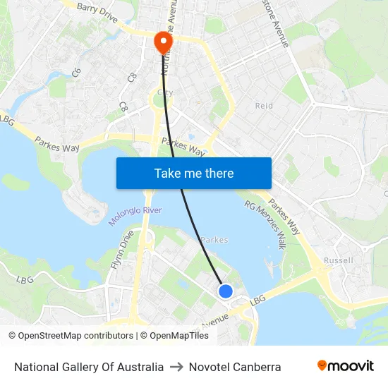 National Gallery Of Australia to Novotel Canberra map