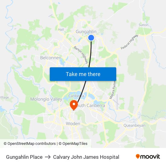 Gungahlin Place to Calvary John James Hospital map
