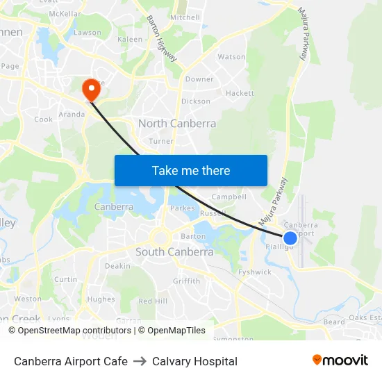Canberra Airport Cafe to Calvary Hospital map