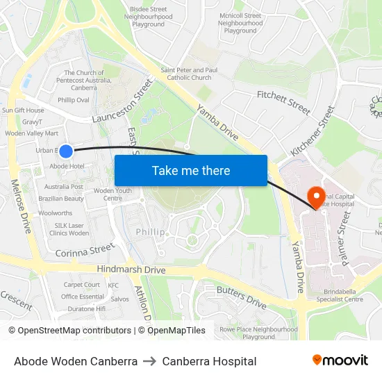Abode Woden Canberra to Canberra Hospital map