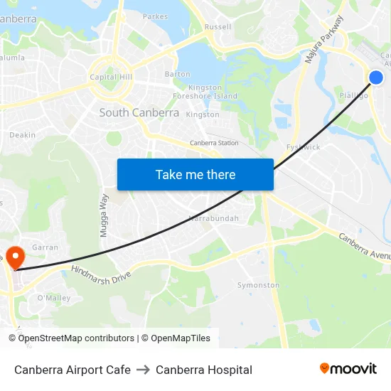 Canberra Airport Cafe to Canberra Hospital map