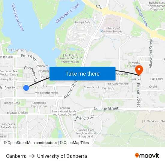 Canberra to University of Canberra map