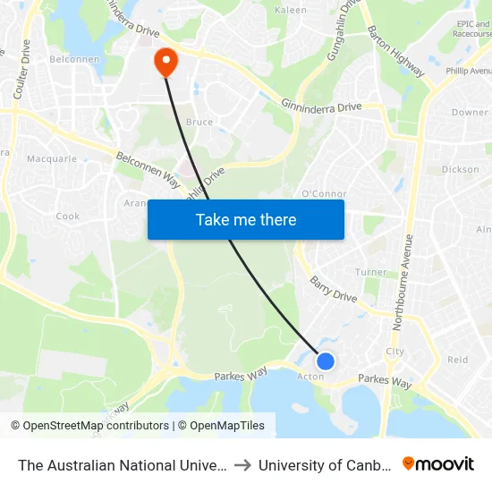 The Australian National University to University of Canberra map