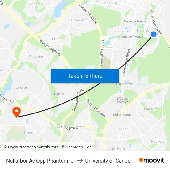 Nullarbor Av Opp Phantom St to University of Canberra map