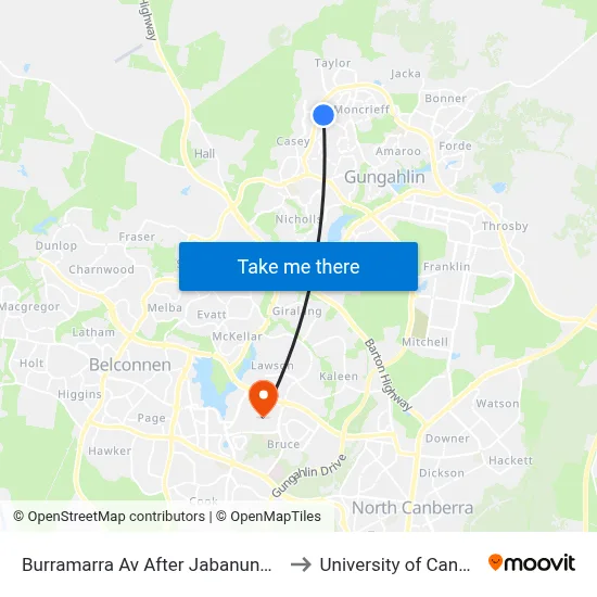 Burramarra Av After Jabanungga Av to University of Canberra map
