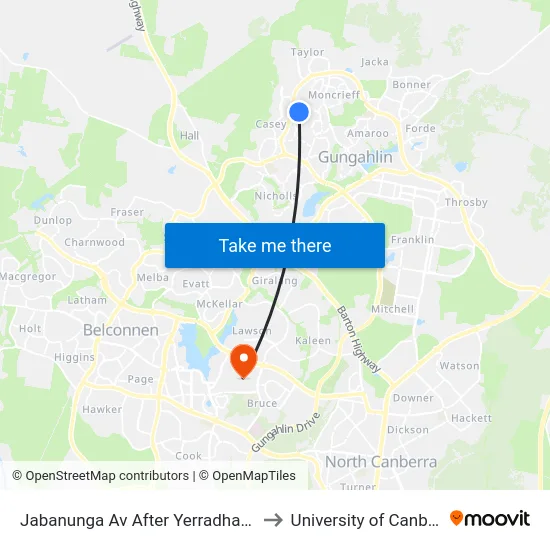 Jabanunga Av After Yerradhang St to University of Canberra map