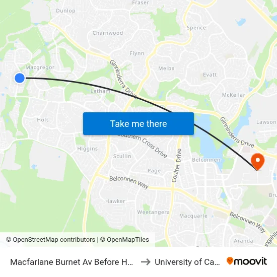 Macfarlane Burnet Av Before Hollows Cct to University of Canberra map