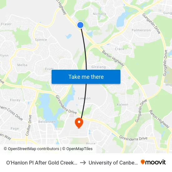 O'Hanlon Pl After Gold Creek Rd to University of Canberra map