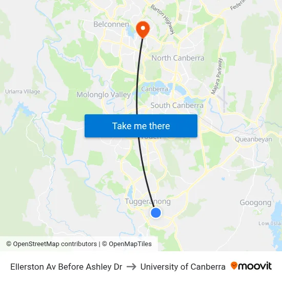 Ellerston Av Before Ashley Dr to University of Canberra map