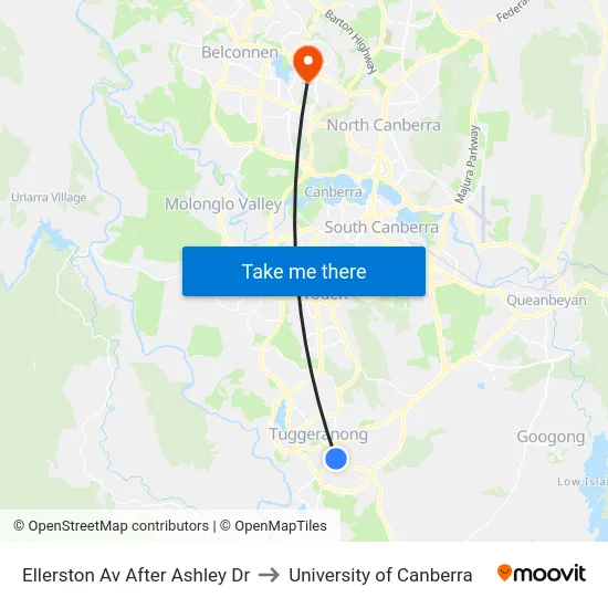 Ellerston Av After Ashley Dr to University of Canberra map
