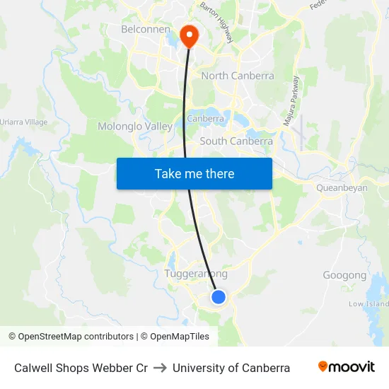 Calwell Shops Webber Cr to University of Canberra map