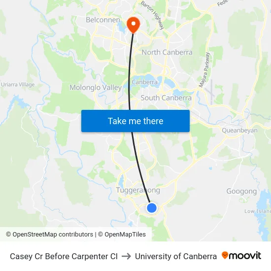Casey Cr Before Carpenter Cl to University of Canberra map