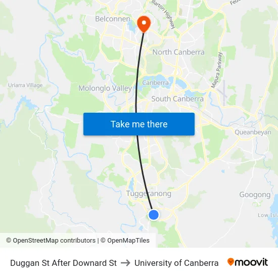 Duggan St After Downard St to University of Canberra map