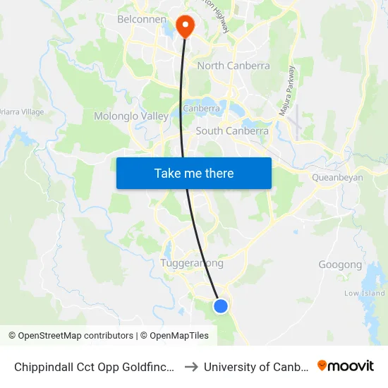 Chippindall Cct Opp Goldfinch Cct to University of Canberra map