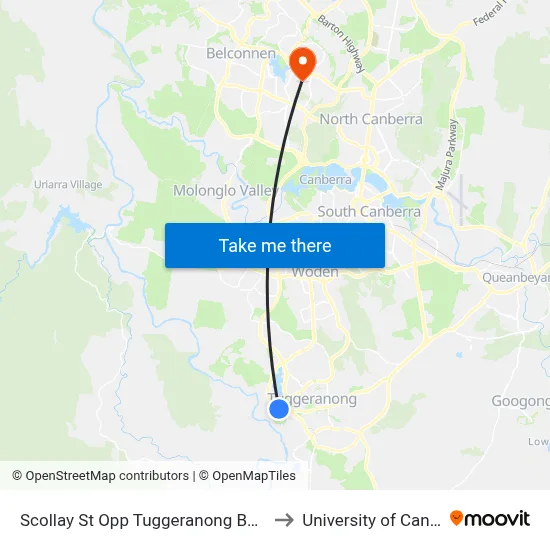 Scollay St Opp Tuggeranong Bus Depot to University of Canberra map
