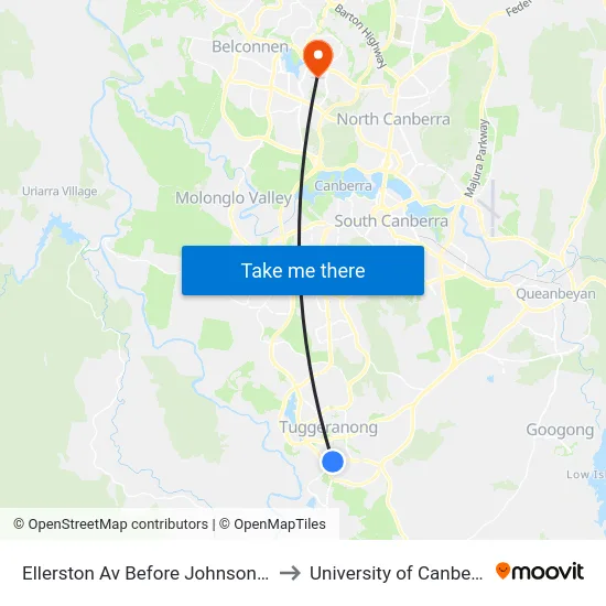 Ellerston Av Before Johnson Dr to University of Canberra map