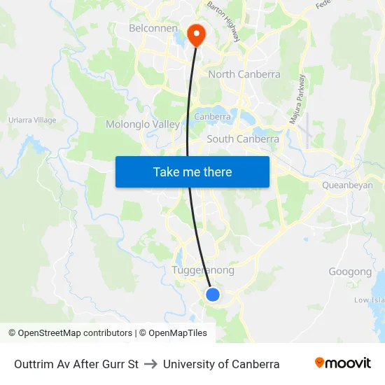 Outtrim Av After Gurr St to University of Canberra map