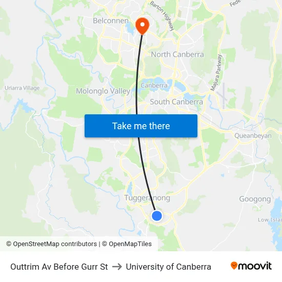 Outtrim Av Before Gurr St to University of Canberra map